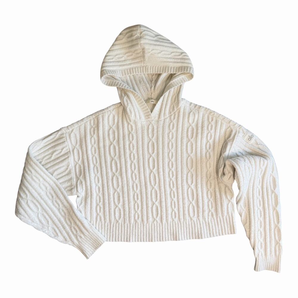 Alo Yoga Cable Knit Winter Bliss Hoodie Ivory Size Small Crop Cropped Sweater